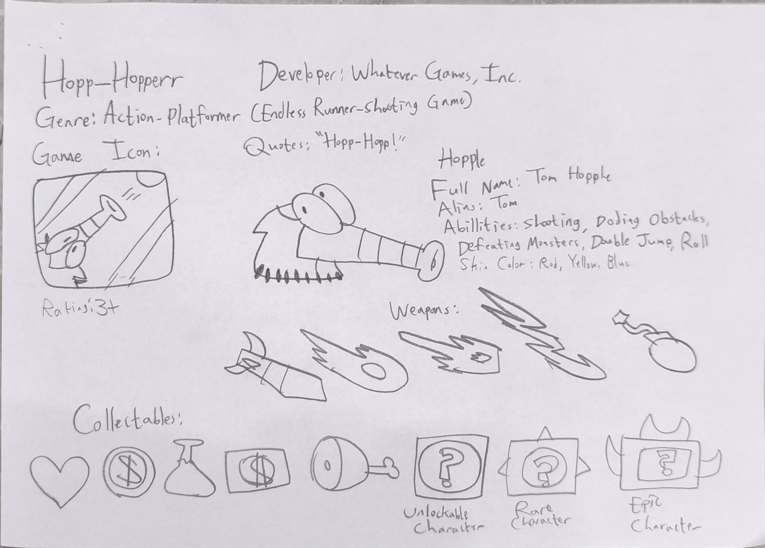 Hand-drawn Hopp Hopper game design sketch 1